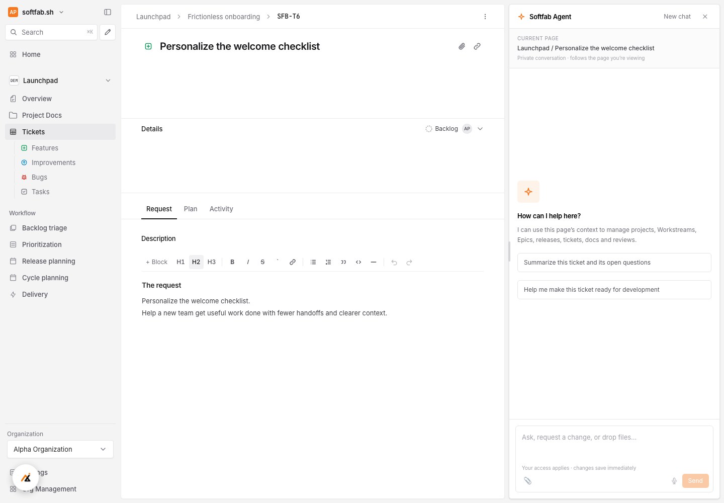 SoftFab Agent panel opened on a sample project
