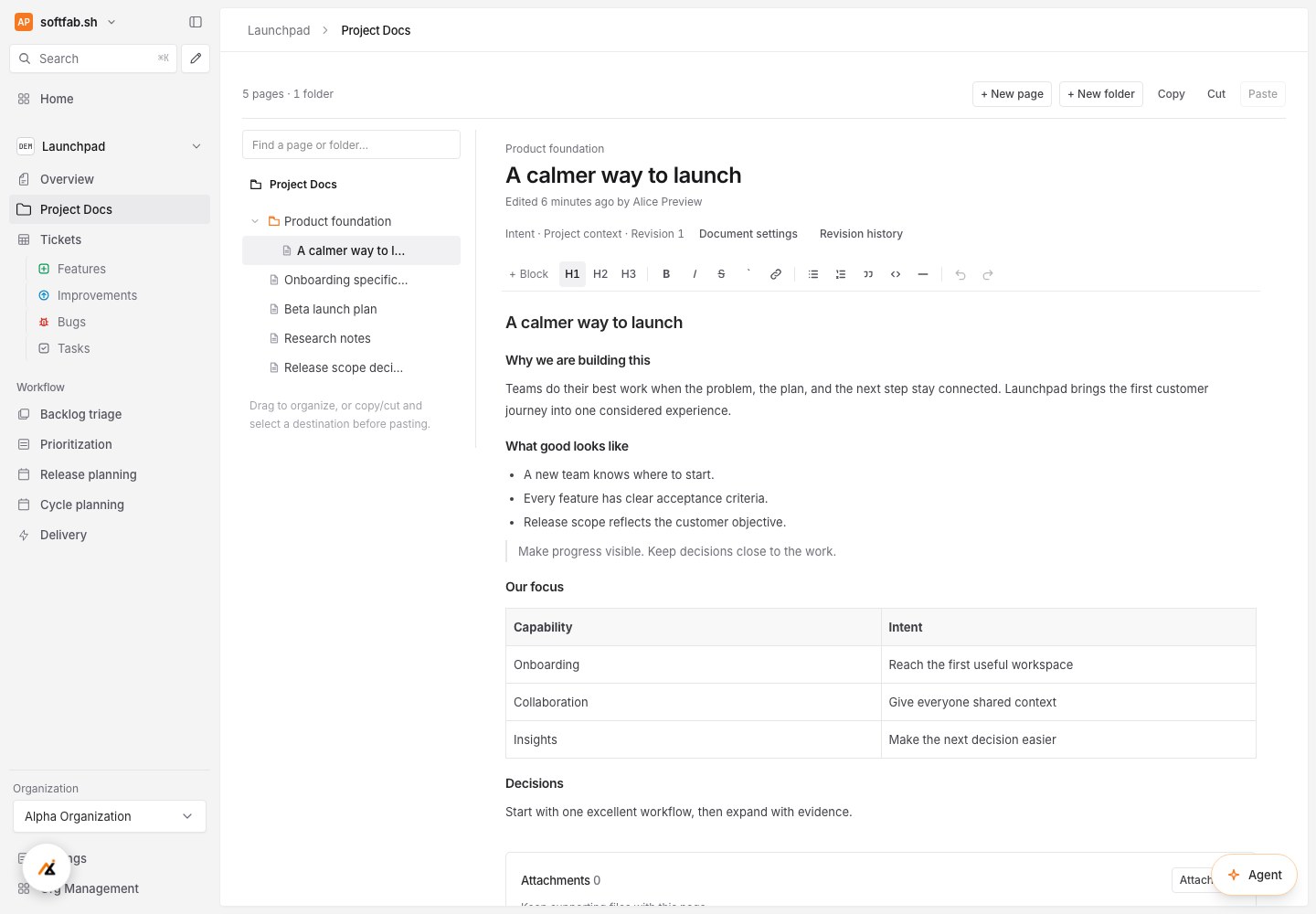 SoftFab knowledge with a home showing the sample Launchpad project