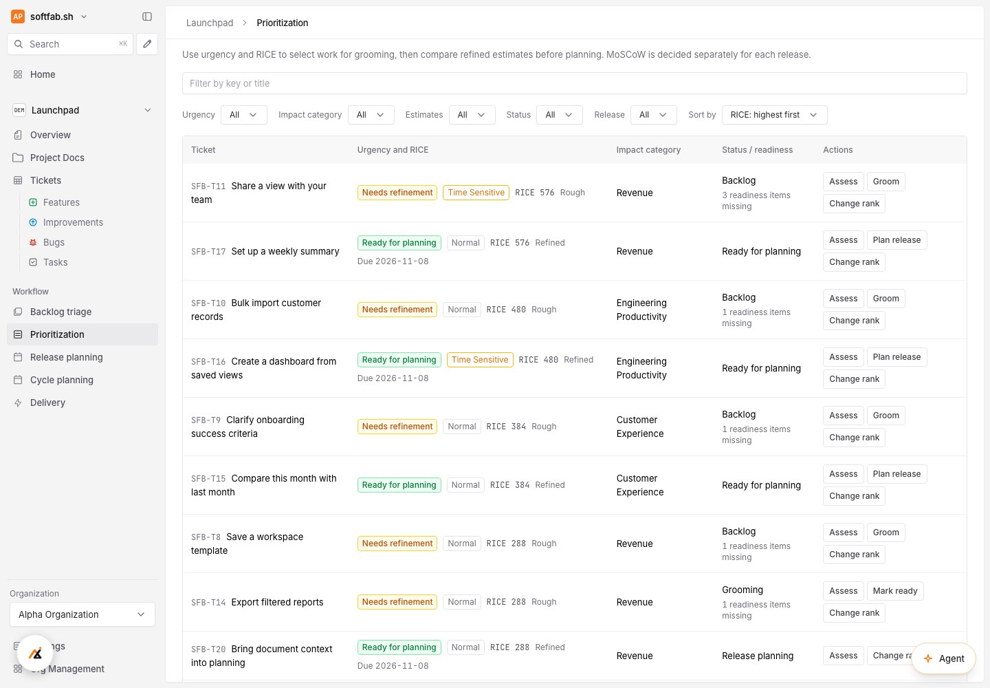 SoftFab priorities with a reason showing the sample Launchpad project