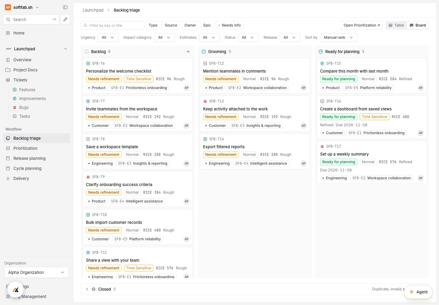 SoftFab backlog triage with three columns, urgency, RICE and sample Launchpad tickets
